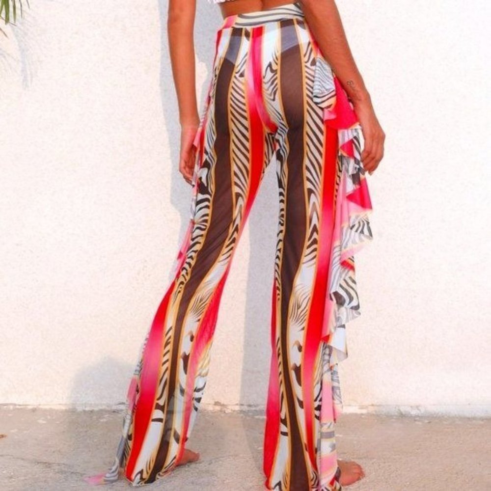 Callie Wild: Zebra Stripe Mesh Ruffle Beach Coverup Animal Print Pants - Picture 8 of 15